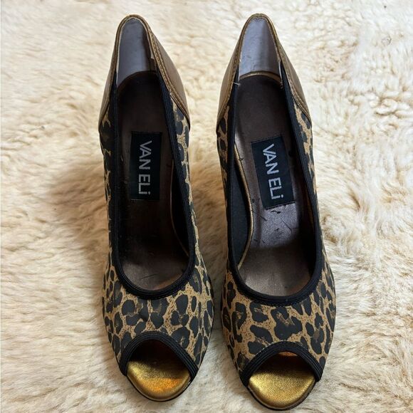 VanEli Peep Toe Black and Gold Cheetah Print Heels size 6.5 - Picture 3 of 8